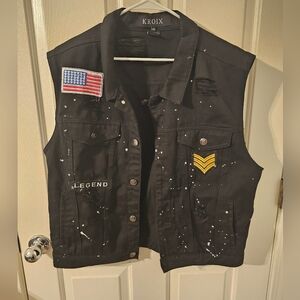 Military Style Kroix Black Distressed Vest With White Spatter Denim Size XXL